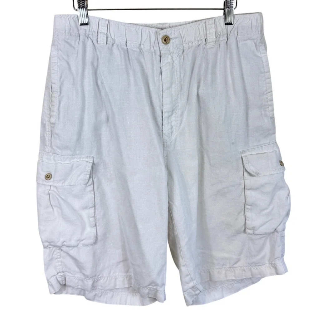 Tommy Bahama Relax Mens White 100% Linen Cargo Shorts Elastic Waist Medium
